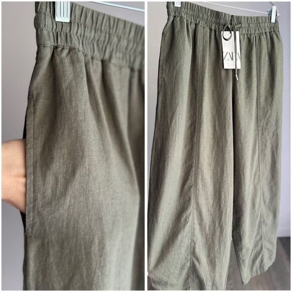 NWT ZARA BARREL LEG LINEN BLEND KNICKERBOCKER PANTS KHAKI GREEN LARGE - Picture 2 of 3